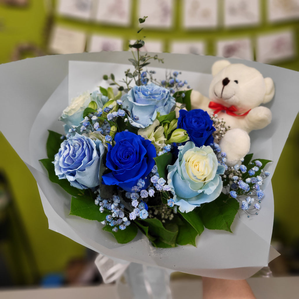 HC-169 Lovely Blue Roses Bouquet with Teddy Bear