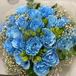 This is baby blue rose bouquet with special rapping. This is the perfect gift for wedding, birthday, any special occation. There are haze grass, eucalyptus and green. We sell these fresh flowers nearby UBC in vancouver.